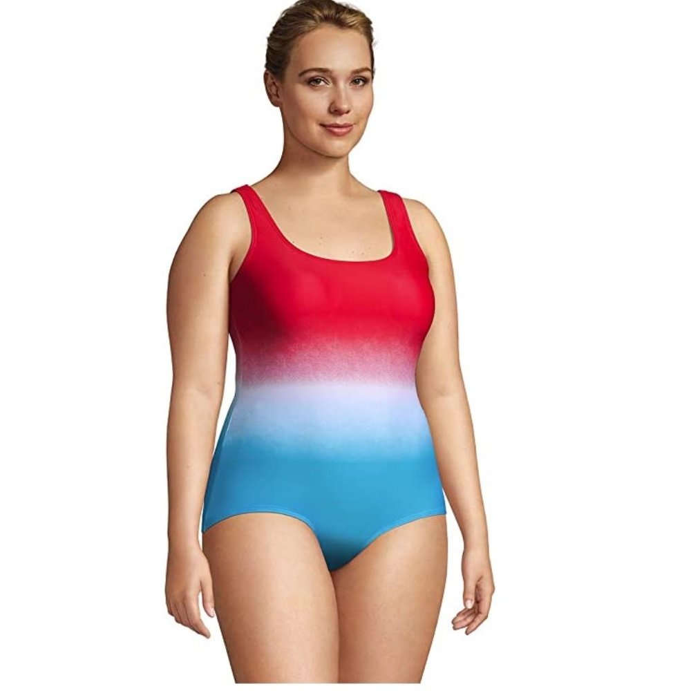 NWT Lands' End Women Softcup Tugless 1 Piece Compass Red Ombre Size 4 $80 Z312
